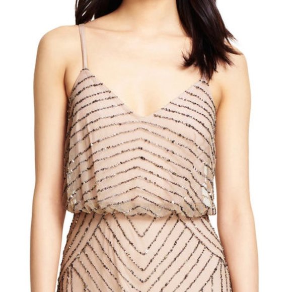 NEW Adrianna Papell‎ Art Deco Beaded Blouson Gown in Taupe Pink [SZ 10 12 14 ] - Picture 6 of 11